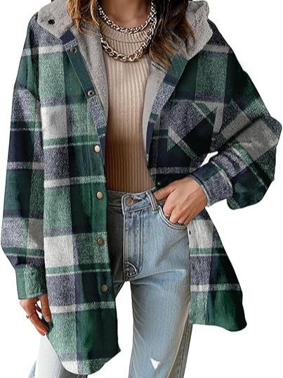 2024 Amazon European and American Women's Flannel Plaid Jacket Long Sleeve Autumn Button Colorblock Hooded Jacket