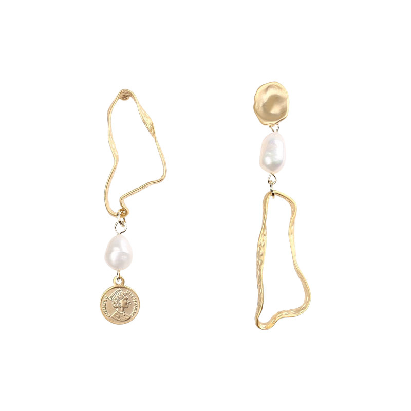 S925 Silver Needle Korean Matte Asymmetric Geometric Retro Portrait Pearl Pendant Earrings with an Exaggerated Design