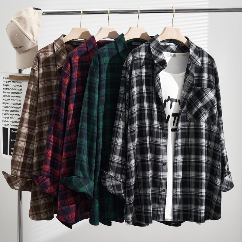 Весна и осень, рубашка для полных девушек, экстра большого размера, корейский стиль, свободная, ворсистая клетчатая рубашка, 240 кг, длинный рукав, топ S5214