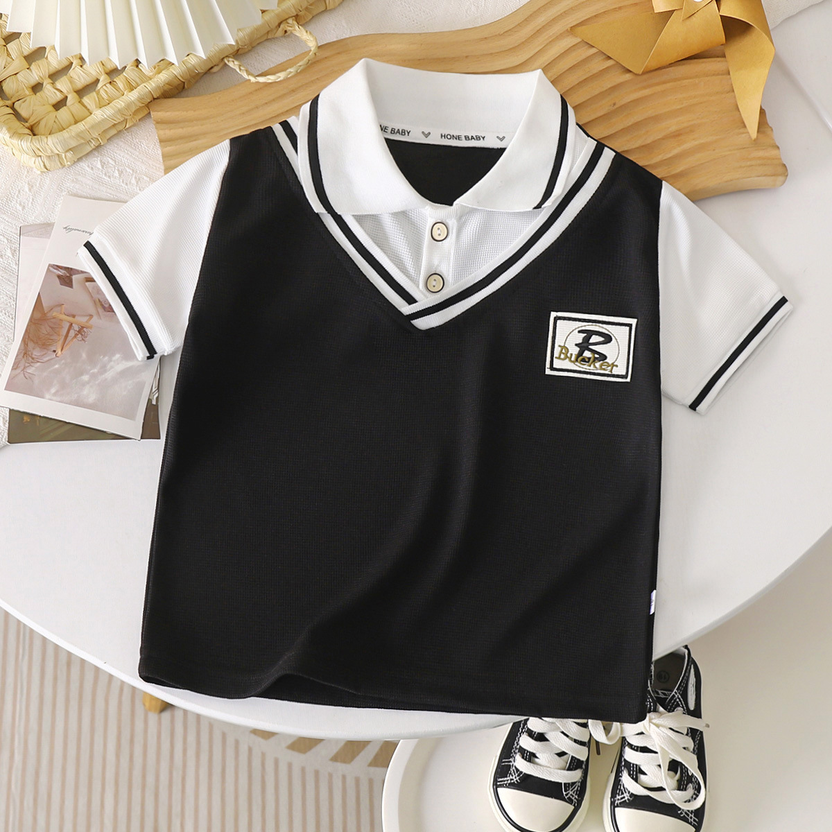 Summer Children's Polo Shirt Korean Academy Style Fake Two-piece Short-sleeved T-shirt Lel Half-sleeved Top for Boys and Girls