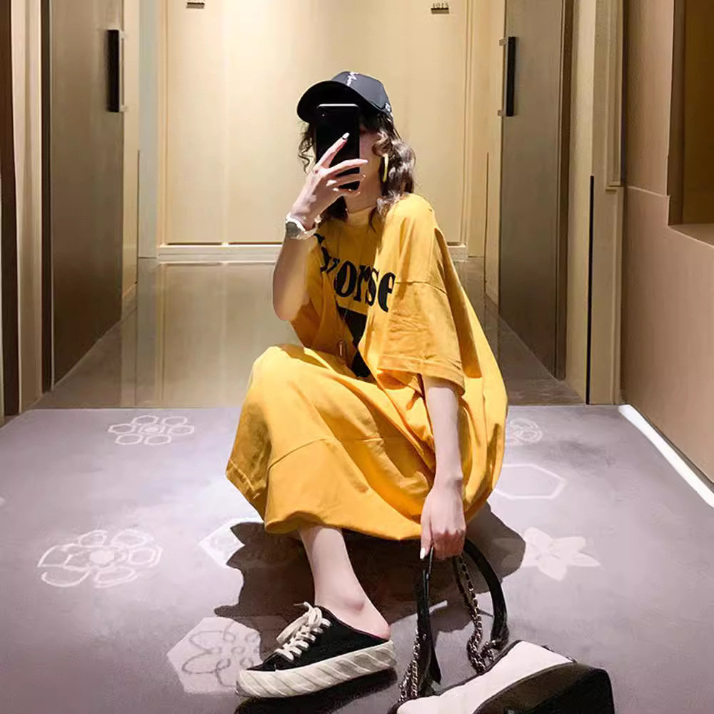 Summer Korea 100kg Plus Size Dress Women's Long Backless Loose Long Skirt Large Size Short-Sleeved Maternity T-Shirt Dress