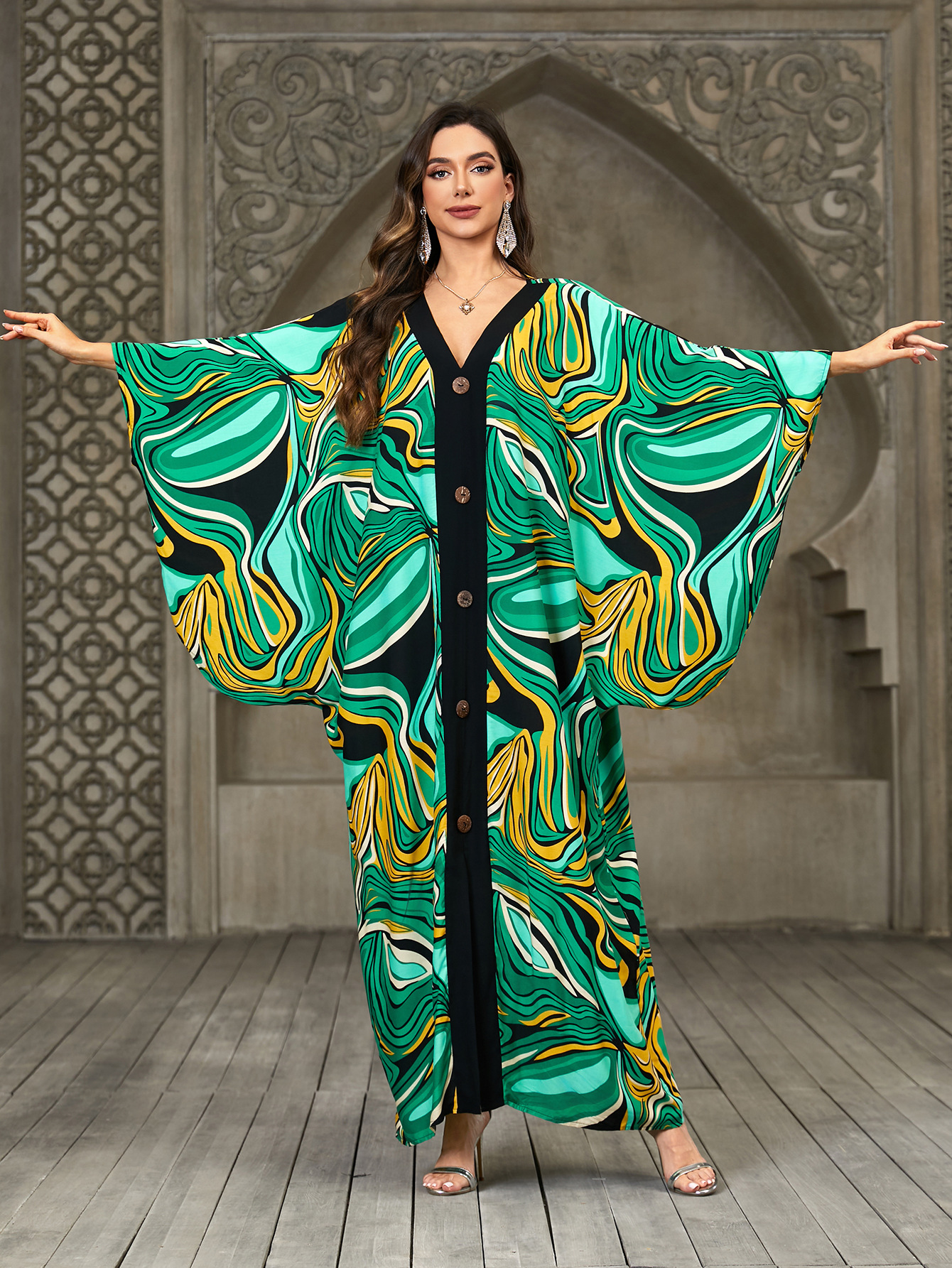 Beach Cover-Up Rayon Decorative Button Color-Blocked Vacation Long Dress Cross-Border Amazon (36 Colors) F1146 F