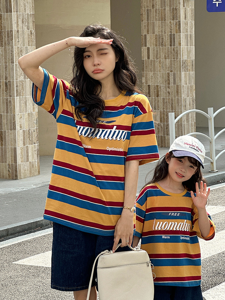 Parent-child Dress Loose Striped Contrast T-shirt Casual Western Style Mother-daughter Mother-child Dress Family of Three or Four Family Dress Short Sleeve