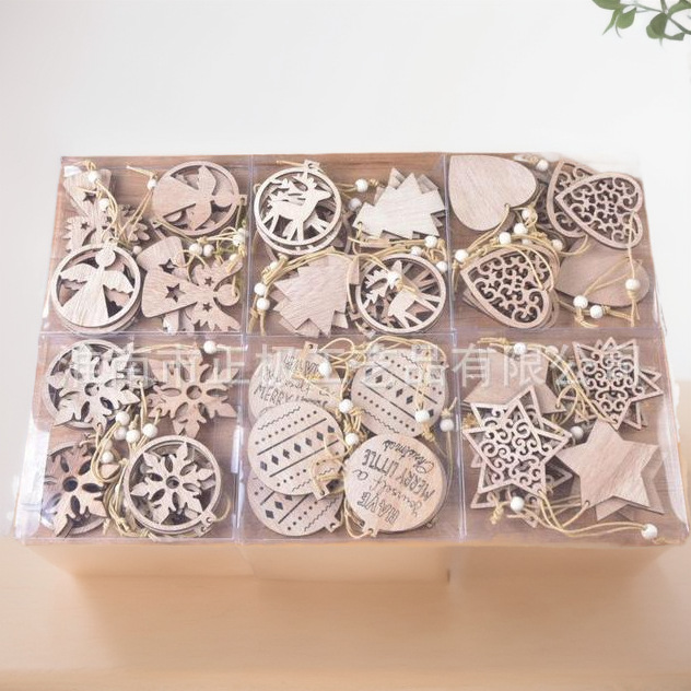 Christmas decorations boxed wooden Christmas snowflake small pendant laser engraving hollow hanging ornaments factory direct sales