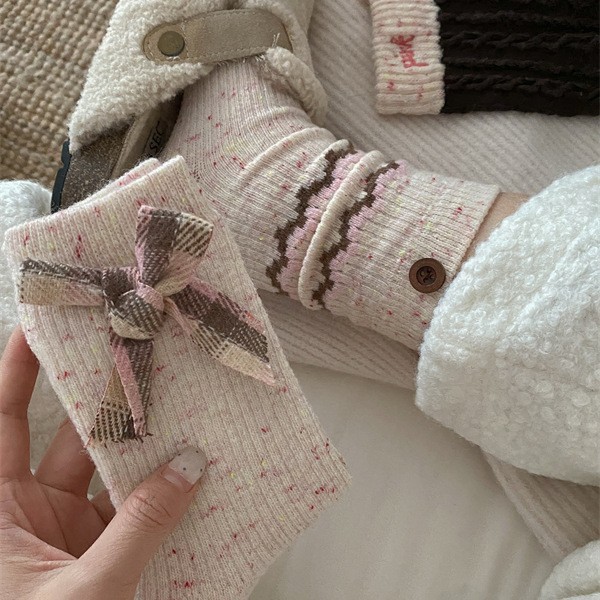 Winter Hot Cocoa! Thickened Striped Warm Wool Idea College Style Autumn and Winter Korean Retro Mid-Tube Slouch Socks
