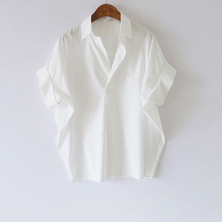 Retro Hong Kong Style Short-Sleeved Shirt for Women 2023 Summer New Style Versatile White Shirt Loose Bat Sleeve Collar Top