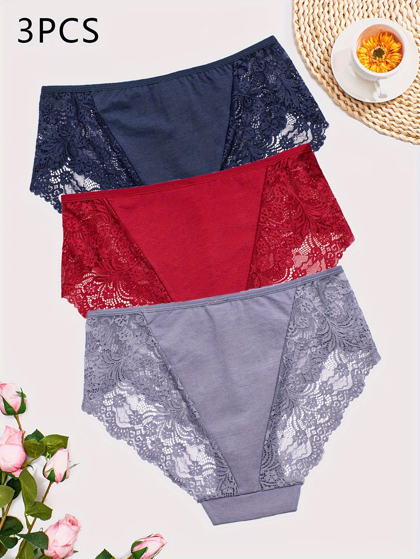 3Pcs Women's Sexy Panties Set, Plus Size Contrast Lace High