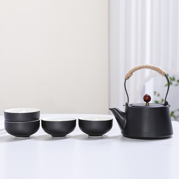 Матовый черный чайник, керамический, набор для чая, домашний, кунг-фу, китайский, ретро, один чайник и четыре чашки