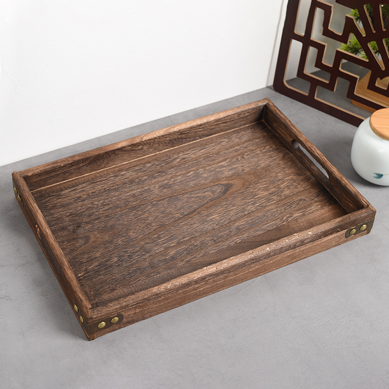 Wooden Tray Rectangular Burnt Paulownia Wood Tea Tray Is Solid Wood Household Tableware Japanese Water Cup Wooden Plate Tea Set Wholesale