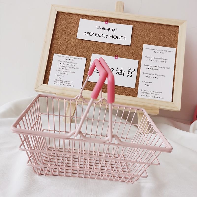 Ins Korean Simple Mini Iron Storage Shopping Basket Desktop Cosmetics Miscellaneous Storage Box Pose Props