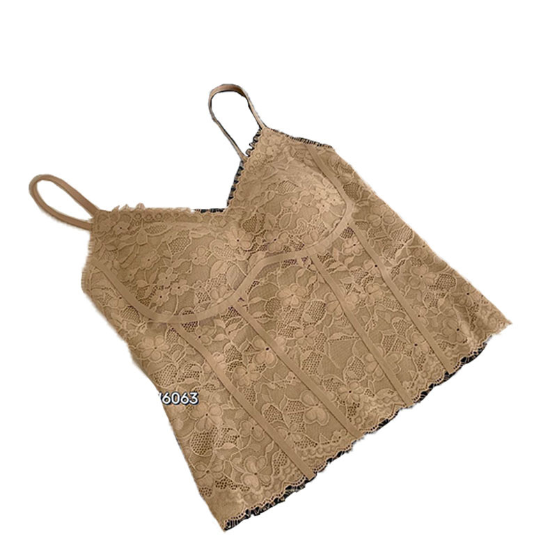 Pure Desire Retro Floral Vest Bra Belt Chest Pad Beautiful Back Underwear V-Neck Light Luxury Vest Line Lace Sling Cross-border