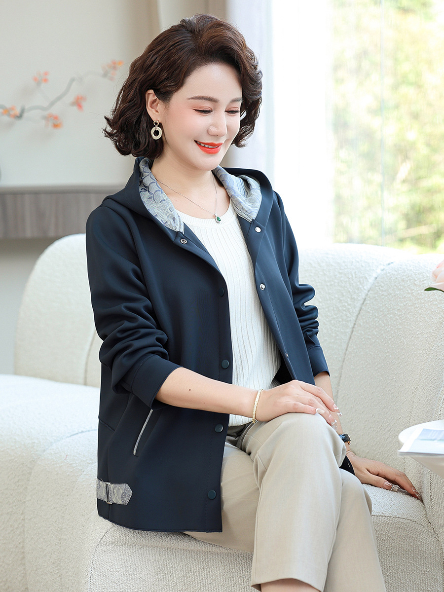 Mom's Spring Coat Middle-aged Women's Top Loose Middle-aged and Elderly 40-year-old 50 Spring and Autumn Hooded Top Jacket