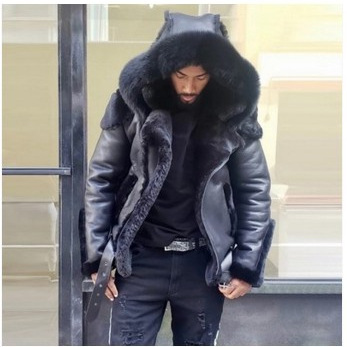 Q027 cross-border AliExpress men's imitation leather plus velvet padded fur one-piece short zipper coat hooded men's coat