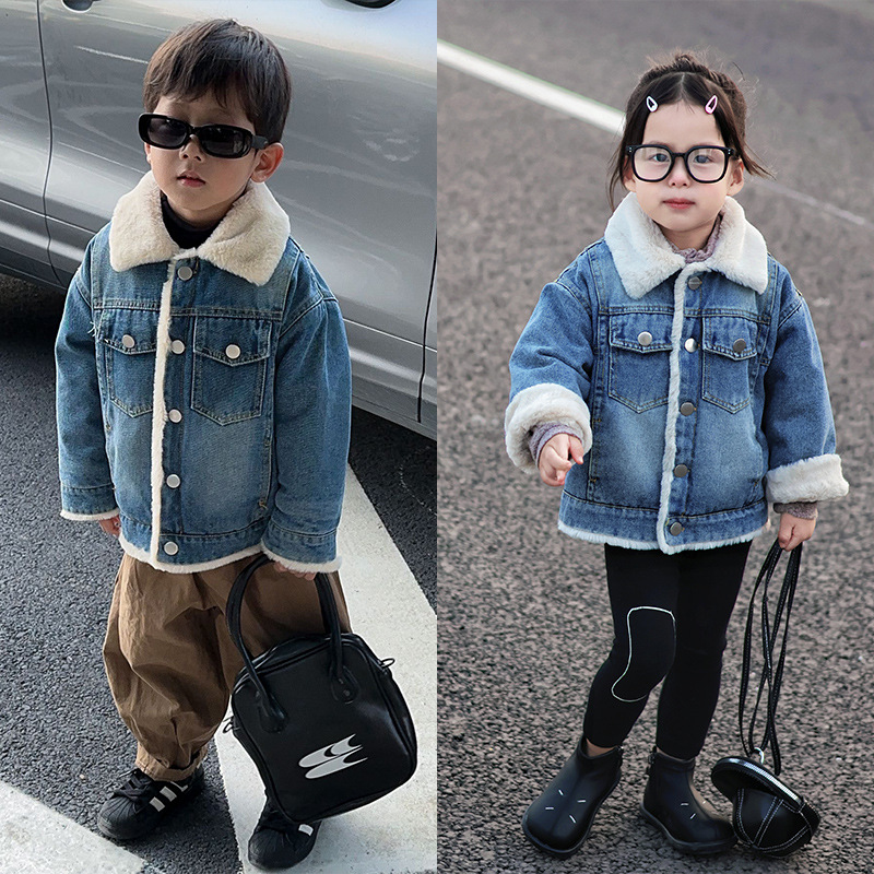 Children's Denim Jacket Fleece-Lined Autumn and Winter Baby New Product Girls Thickeneded Rabbit Fur Lapel Boys Jacket