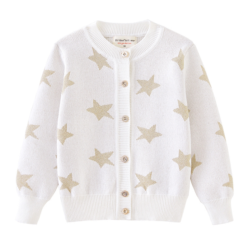 Children's Clothing 2025 New Spring & Fall Five-Pointed Star Jacquard Kidsren's Sweater Cardigan Outwear Thickeneded Girls' Knitted Cardigan