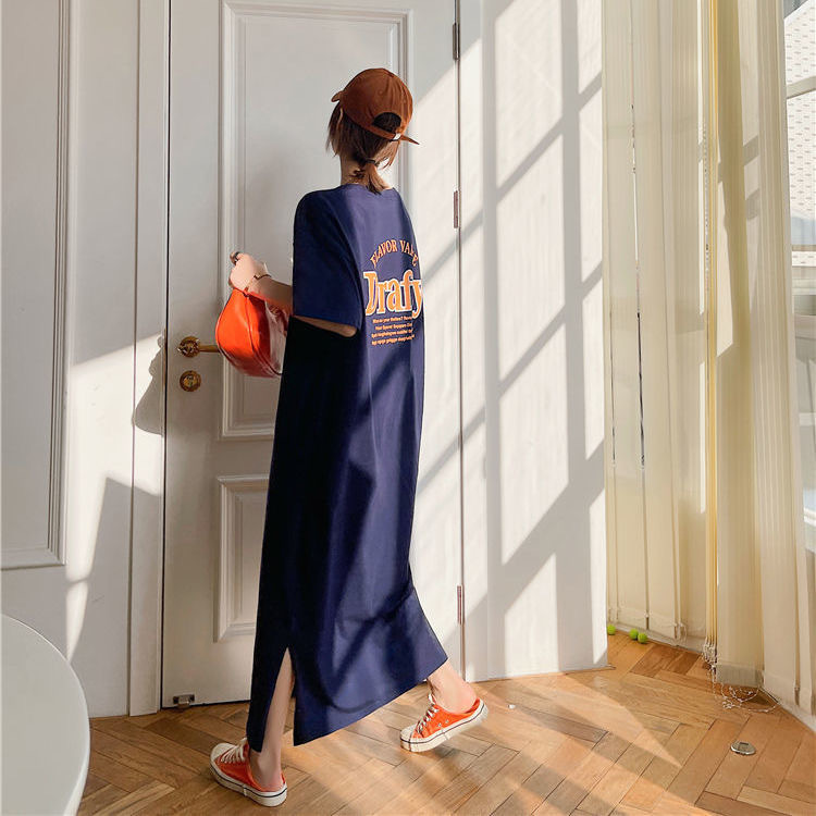 Summer New Korean Fashion Plus Size Women's Slit Printed T-Shirt Long Skirt over the Knee Fat Sister Dress