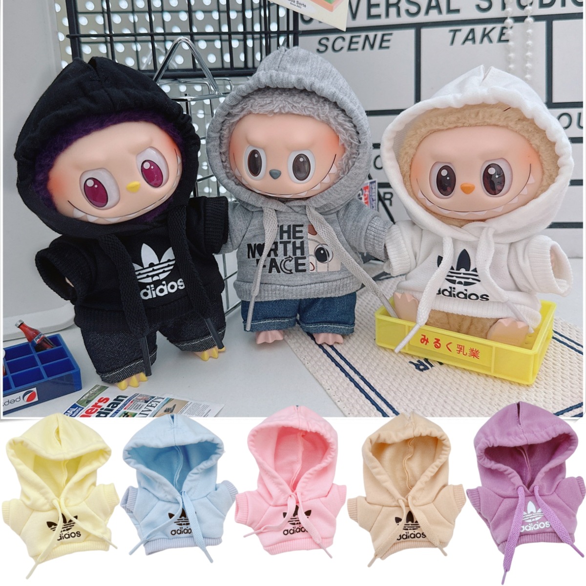 17см пальто Labubu, 10см хлопковая кукла, семья Микки, черно-белый серый модный свитер, худи, брюки