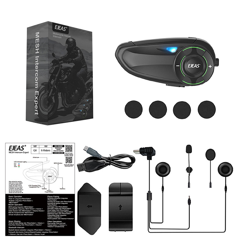 Q8 Motorcycle Helmet Headset for 6 People Simultaneous Intercom Automatic Connection Mixing Helmet Walkie-Talkie Manufacturer