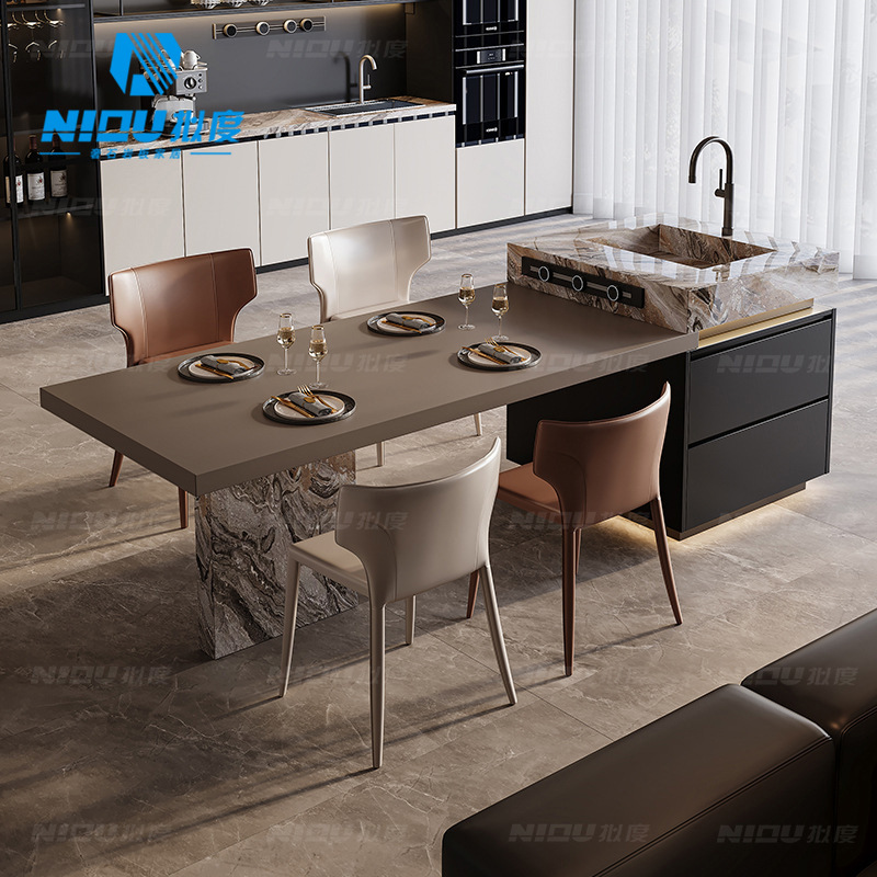 Раскладной обеденный стол с интегрированной каменной плитой, камень класса люкс, итальянский минимализм, высококлассный для малогабаритной квартиры, на заказ