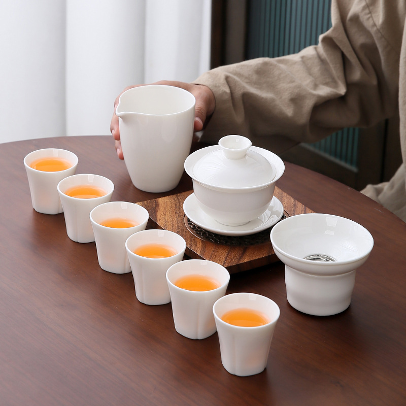 Sheep Fat Jade Kung Fu Tea Set Ceramic Pure White High-end Household Tea suit Accompanying Ceremony White Porcelain Tea Set Printing Logo