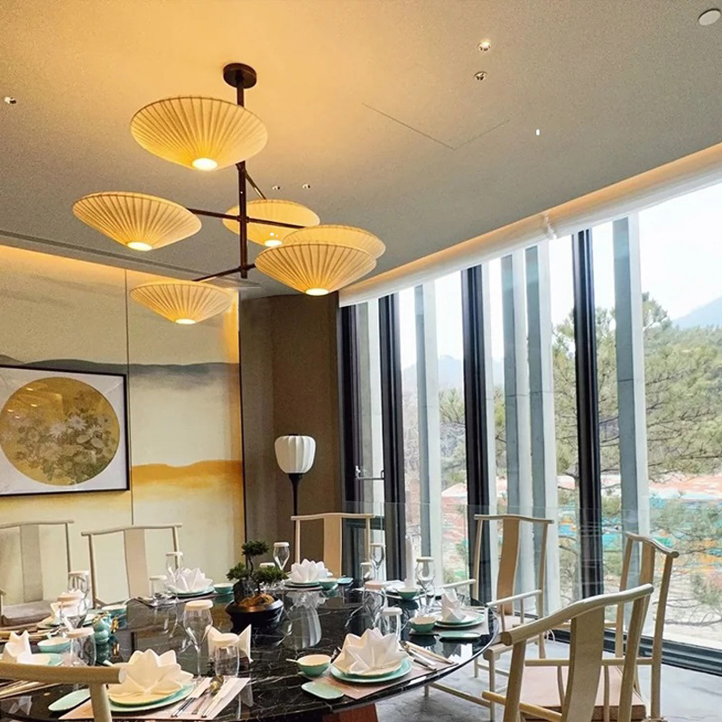Dining Chandelier New Chinese Style Hotel Special Box with Spotlight Round Hotel Lobby Bedroom Restaurant Fabric Ceiling Light