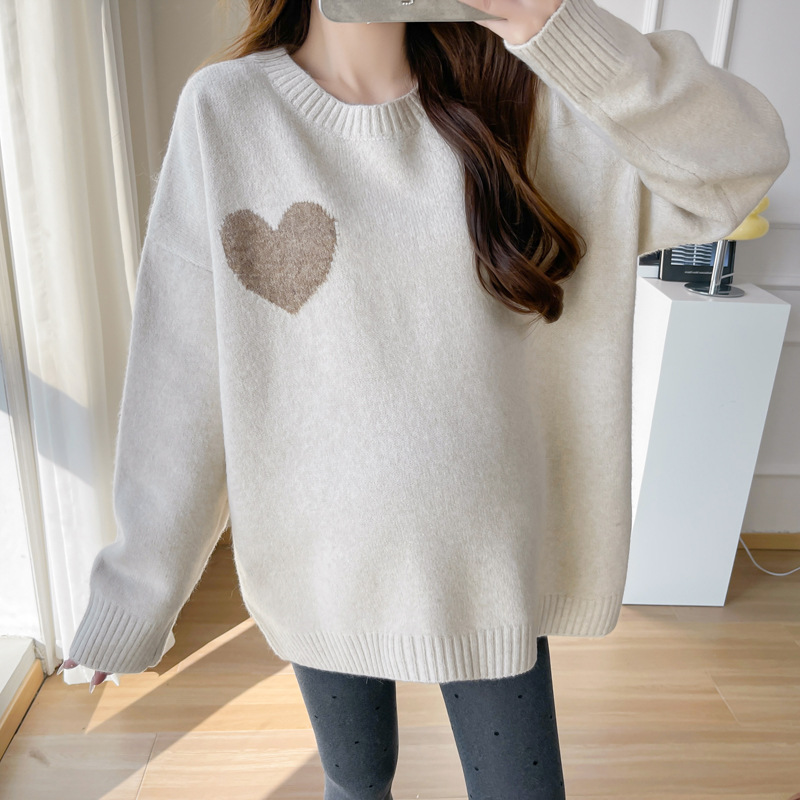 2024 Autumn and Winter New Maternity Dress Love Jacquard Thickened Pullover Sweater Loose All-match Wool Knitted Sweater
