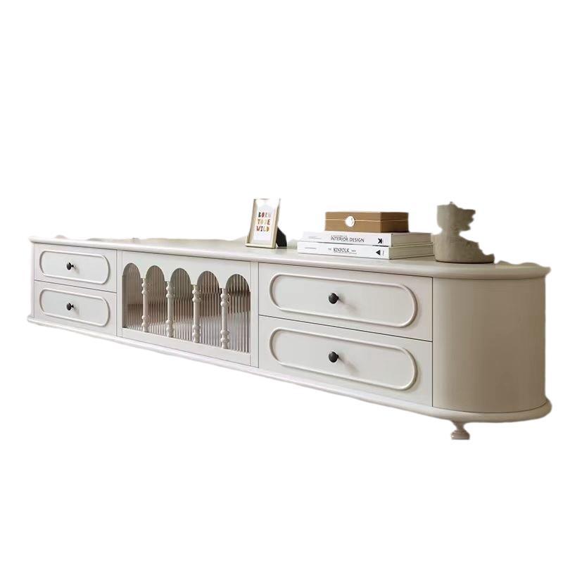 French Style Solid Wood TV Cabinet Living Room Household Cream Style TV Cabinet Locker Integrated American Style Retro White Cabinet
