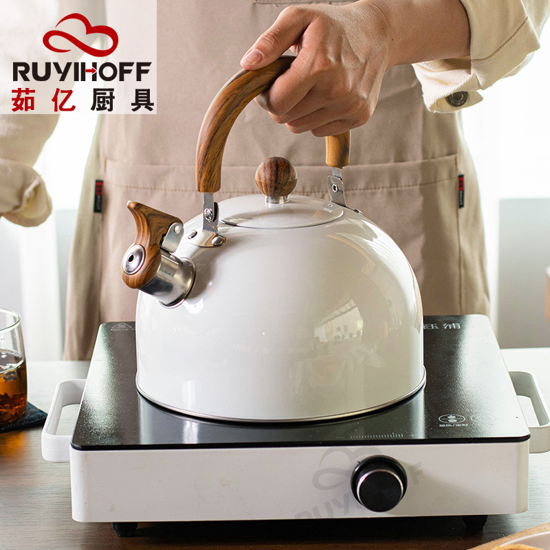 Amazon New White Whistle Kettle Tea Coffee Sound Kettle 3L European and American Kitchenware Wood Grain Handle
