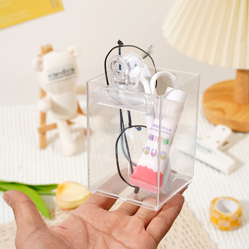 Square acrylic transparent pen holder simple storage stationery box multi-kinetic energy pen holder student pen holder storage container wholesale