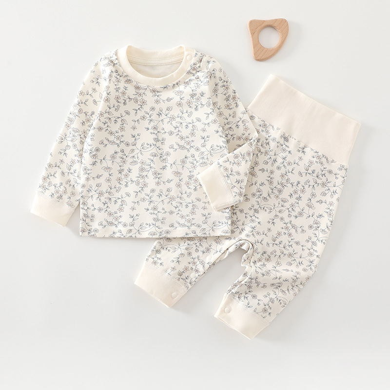 Комплект для малышей с высокой талией, весна-осень, 100% хлопок, мужские пижамы, женская категория, осенние вещи и длинные брюки, комплект теплого нижнего белья