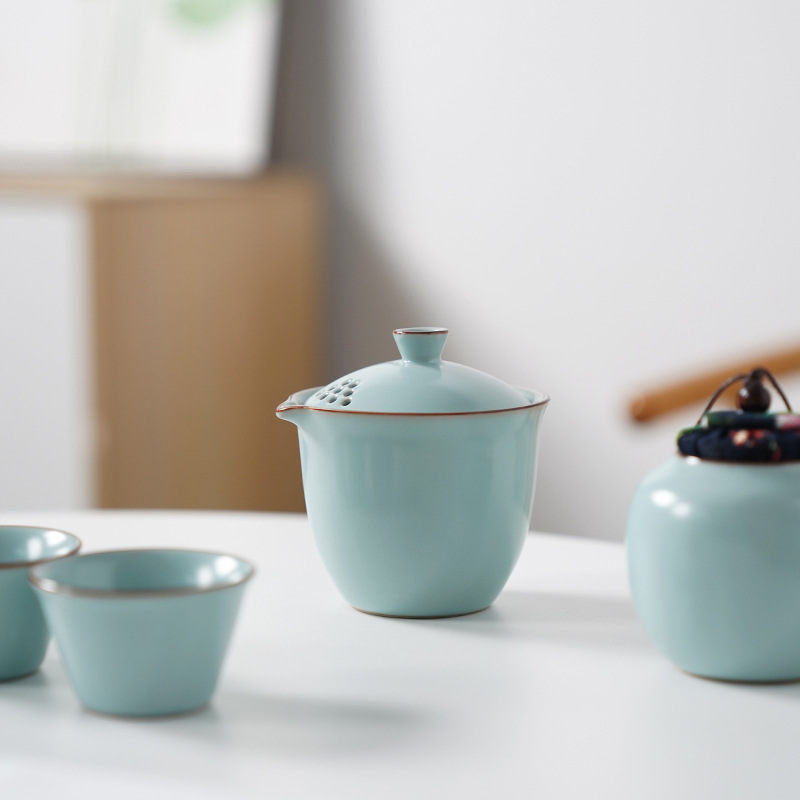 Travel Tea Set Portable Ru Kiln Express Cup One Pot Three Cups Outdoor Business Gift Printing logo Accompanying Gift