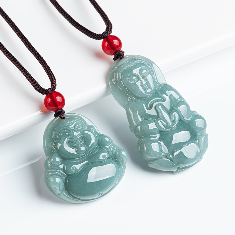 Natural A Jade Blue Water Medium Guanyin Buddha Pendant Jewelry for Men and Women Ice Jade Hanging Ornaments