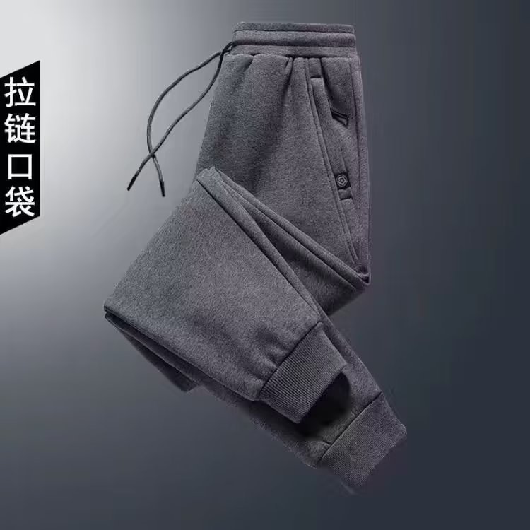 Shirt Young Clothing Fleece-Lined Pants Men's Casual Pants Autumn and Winter New Plum Blossom Zipper Outer Wear Sports Warm Sweatpants