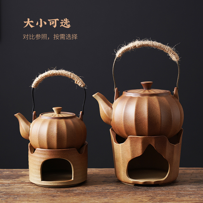 Pumpkin-Shaped Stoneware Teapot with Handle, Single Pot Candle Warmer Tea Stove Base for Home Use, Small Stove for Brewing Tea