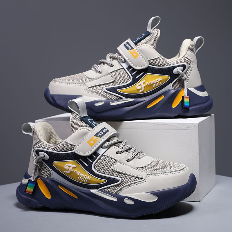 boys' shoes sneaker spring and autumn school season running shoes medium and big children mesh leather casual shoes non-slip wear-resistant