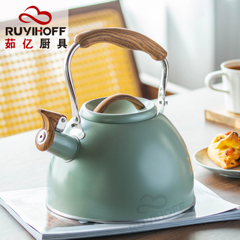 Cross-border New Light Green Spray Paint Sound Kettle Tea Coffee European and American Siren Kettle 3L Light Luxury Kitchenware Flat Bottom