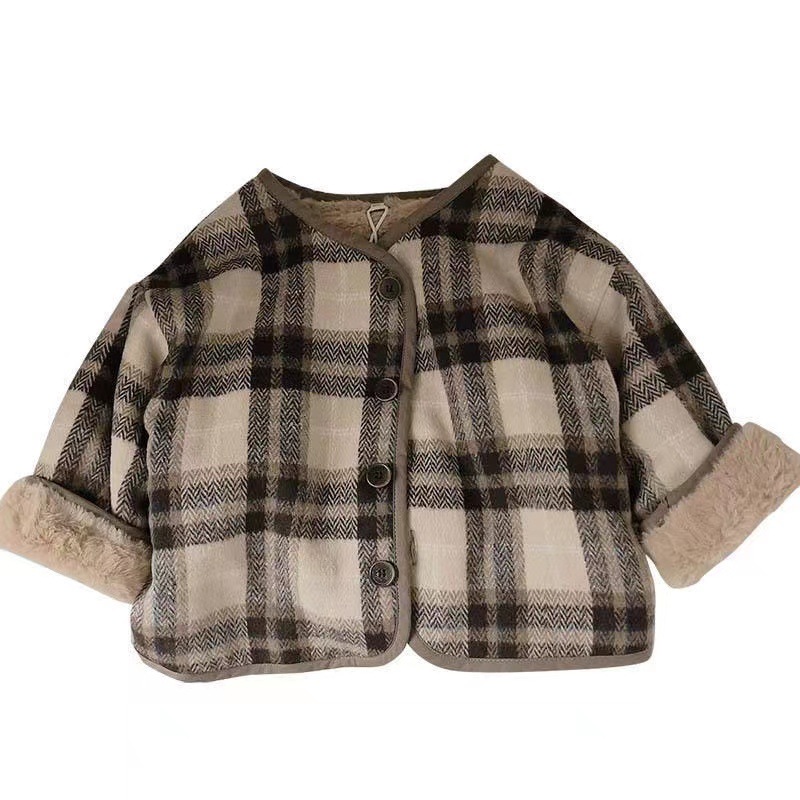 Children's Woolen Plaid Coat Korean Style 2024 Autumn and Winter New Boys' and Girls' Coat Loose Baby's Cotton Coat