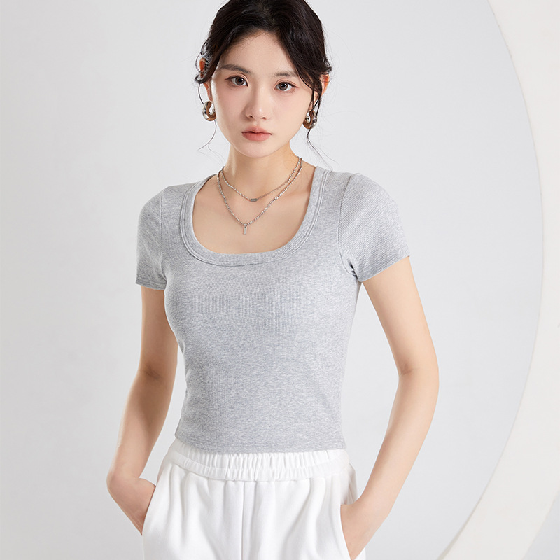 Short-sleeved T-shirt with chest pad square collar with chest pad Cup integrated slim-fit dovetail comfortable casual underwear top