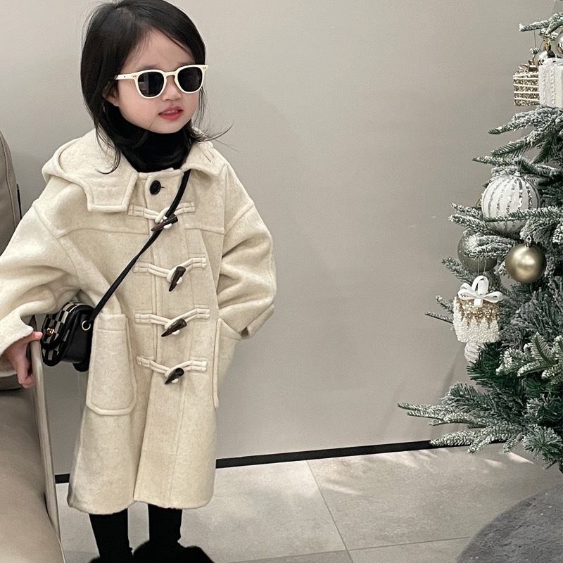Boys and Girls coat autumn and winter New Korean style elegant horn buckle hooded woolen coat trendy children's one-piece delivery