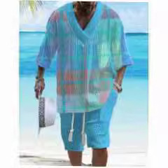 Cross-border 3D Printed Jacquard suit Men's Summer Loose Short-sleeved T-shirt Shorts V-neck Sports suit Two-piece Men's Wear