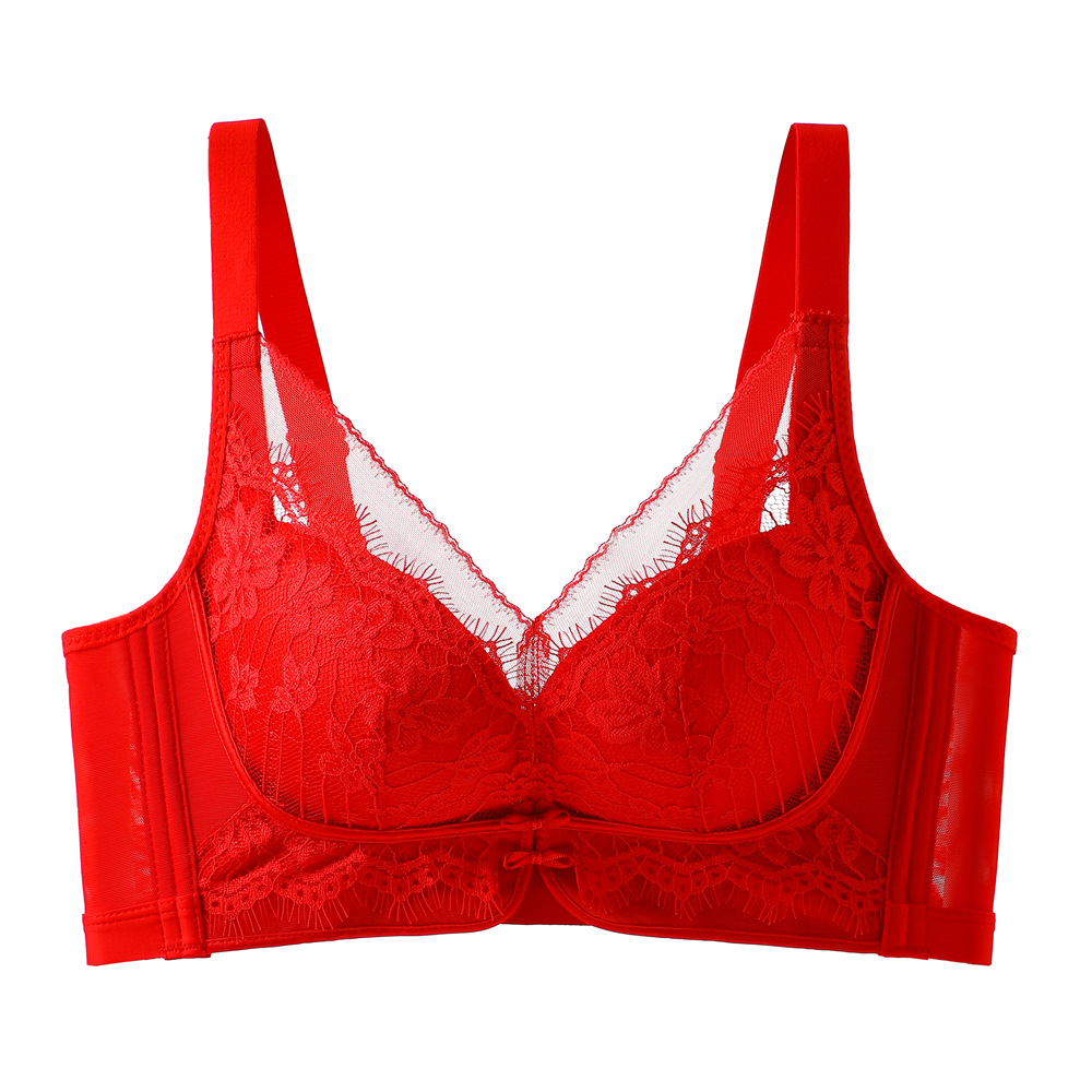 Benmingnian Red Bra Small Chest Push-up Lace Sexy Lingerie Comfortable Adjustable Top Bra