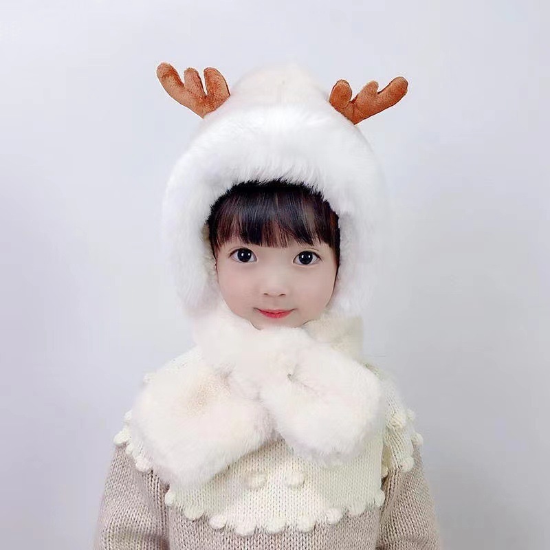 2023 Boys and Girls Thickened Warm New Winter Children's Hat and Scarf Integrated Stuffed Cute Antler Ear Protection Hat