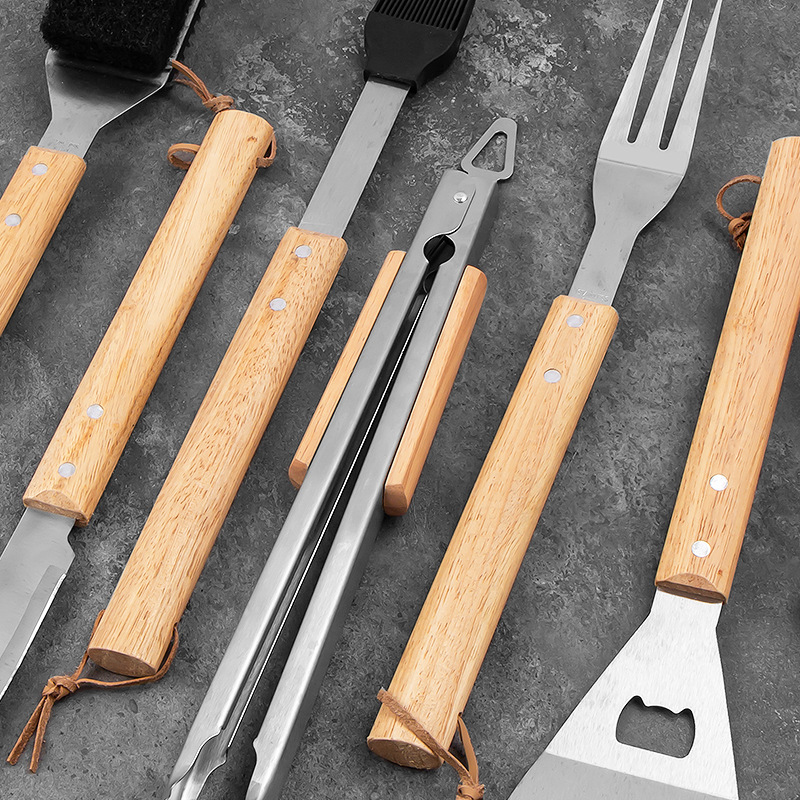 Spot Manufacturer Bbq Stainless Steel Barbecue Tool Set Outdoor Wooden Handle Fork and Spatula Clip Combination Complete Skewer