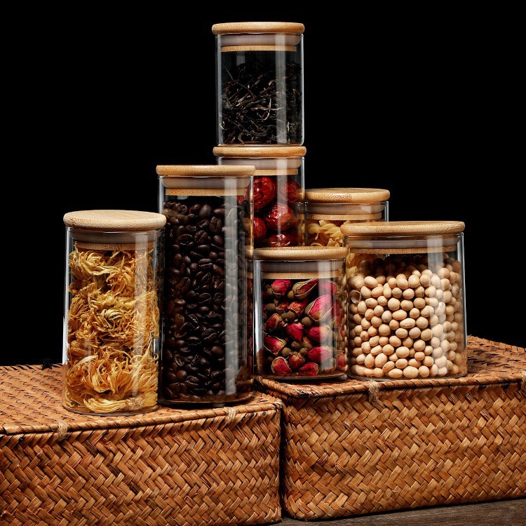 Round Bamboo Lid Glass Sealed Jar High Borosilicate Straight Coffee Bean Tea Storage Jar Dried Fruit Grain Storage Jar
