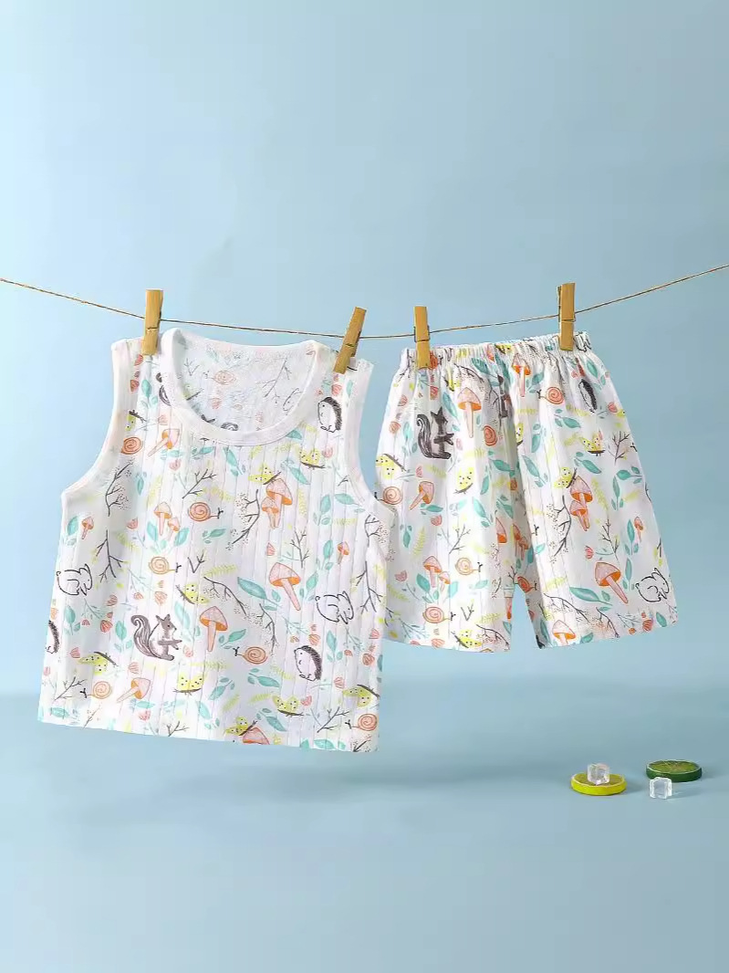 Children's Summer Jacquard Cotton Vest Shorts Suit New Style Male and Female Baby Sleeveless Cartoon Breathable Kidsren's Clothing Trendy