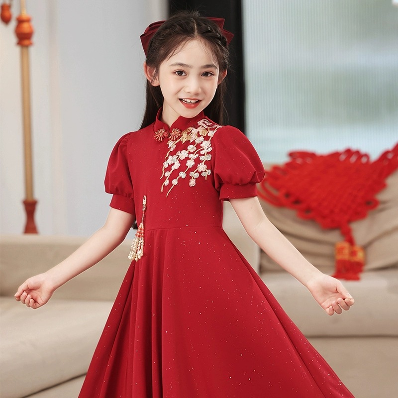 Girls' New Chinese Style Dress Summer New Big Children's Red Performance Cheongsam Dress Little Girl's Chinese Style dress