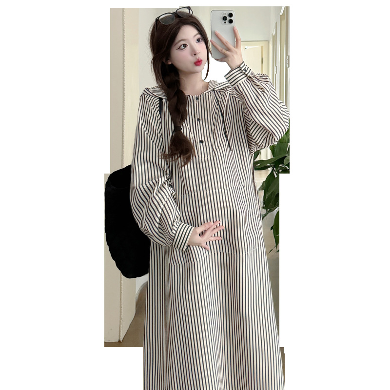 2025 Spring New Casual Striped Loose Shirt Korean Style plus size Slimming Mid-length Pregnant Women's Over-knee dress