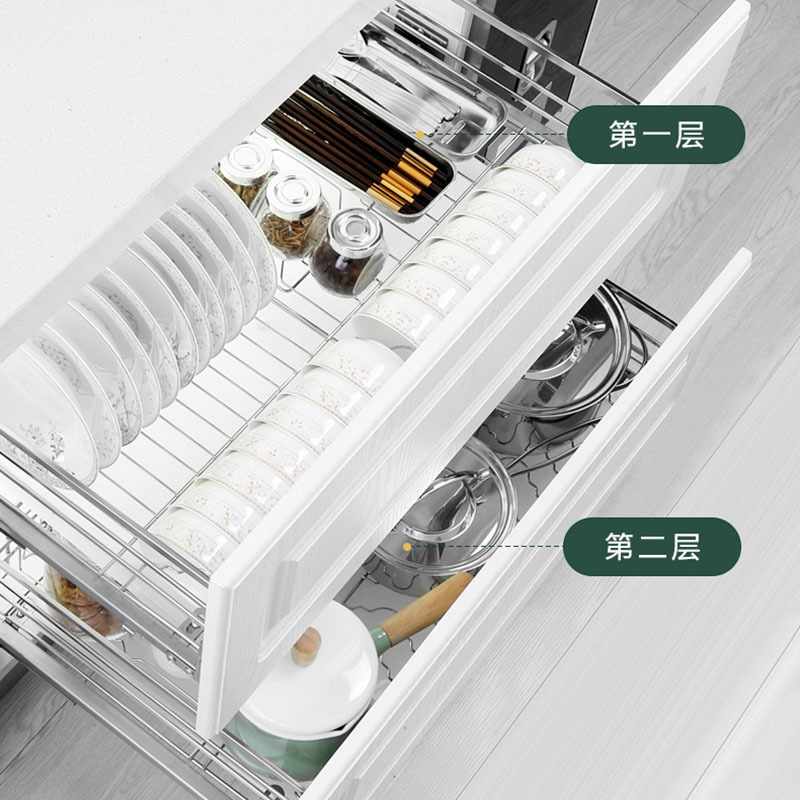 Kitchen Cabinet Drawer Basket 304 Stainless Steel Seasoning Basket Storage Rack Double-layer Drawer-type Dishes