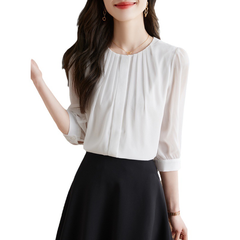 Real Shot of 2025 Spring New Three-Quarter Sleeve Chiffon Shirt Women's Versatile Shirt Cardigan Elegant Commuter Top