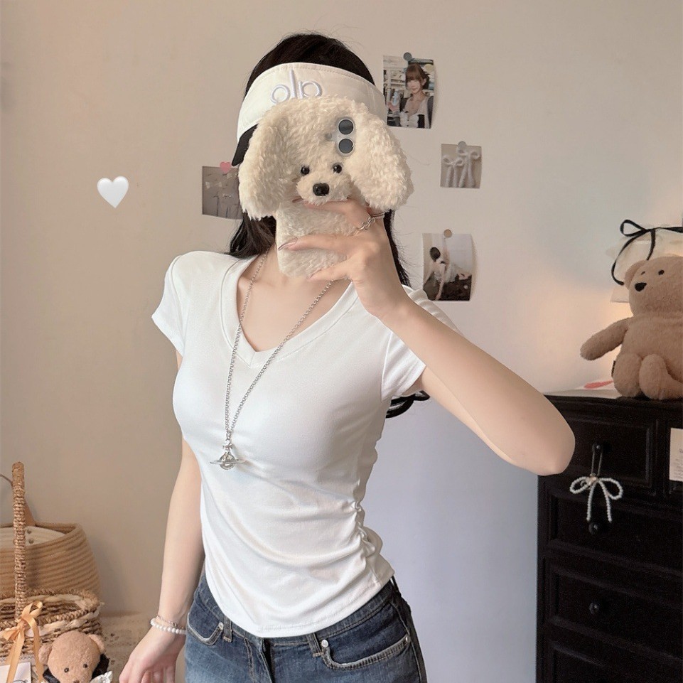 5125 # Pure Desire V-Neck Right Shoulder Short-Sleeved T-Shirt for Women in Summer Slimming Look Design Pleated Waist Short Top